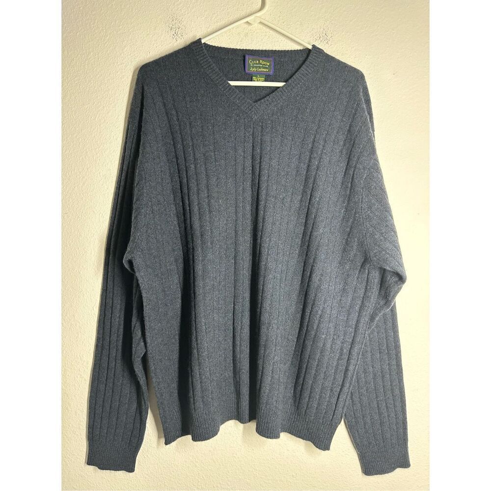 Club Room Luxury Knit Cashmere Men's Charcoal Gray Vneck Sweater Pullover Size L